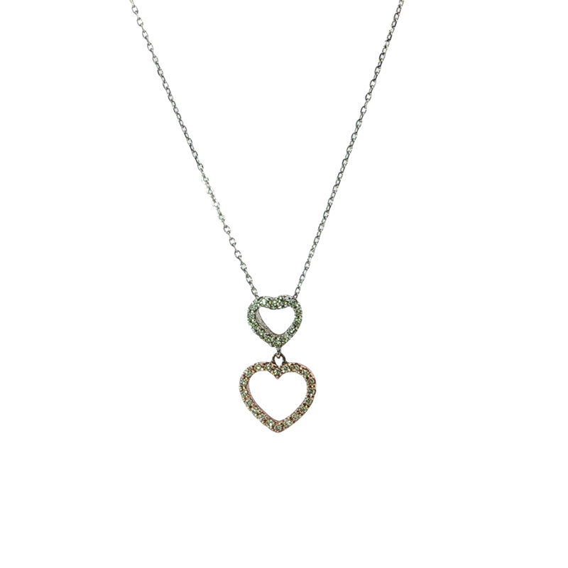 Elegant Diamond Pave Double Heart Charm Necklace