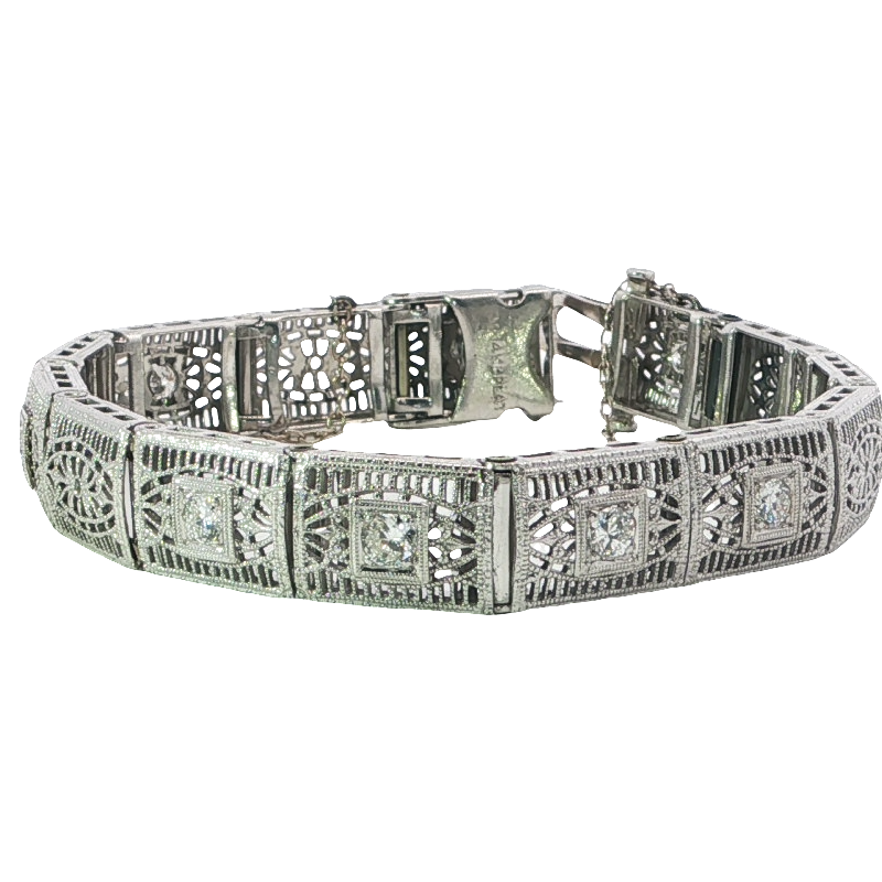 Art Deco Filigree Diamond Link Bracelet In White Gold