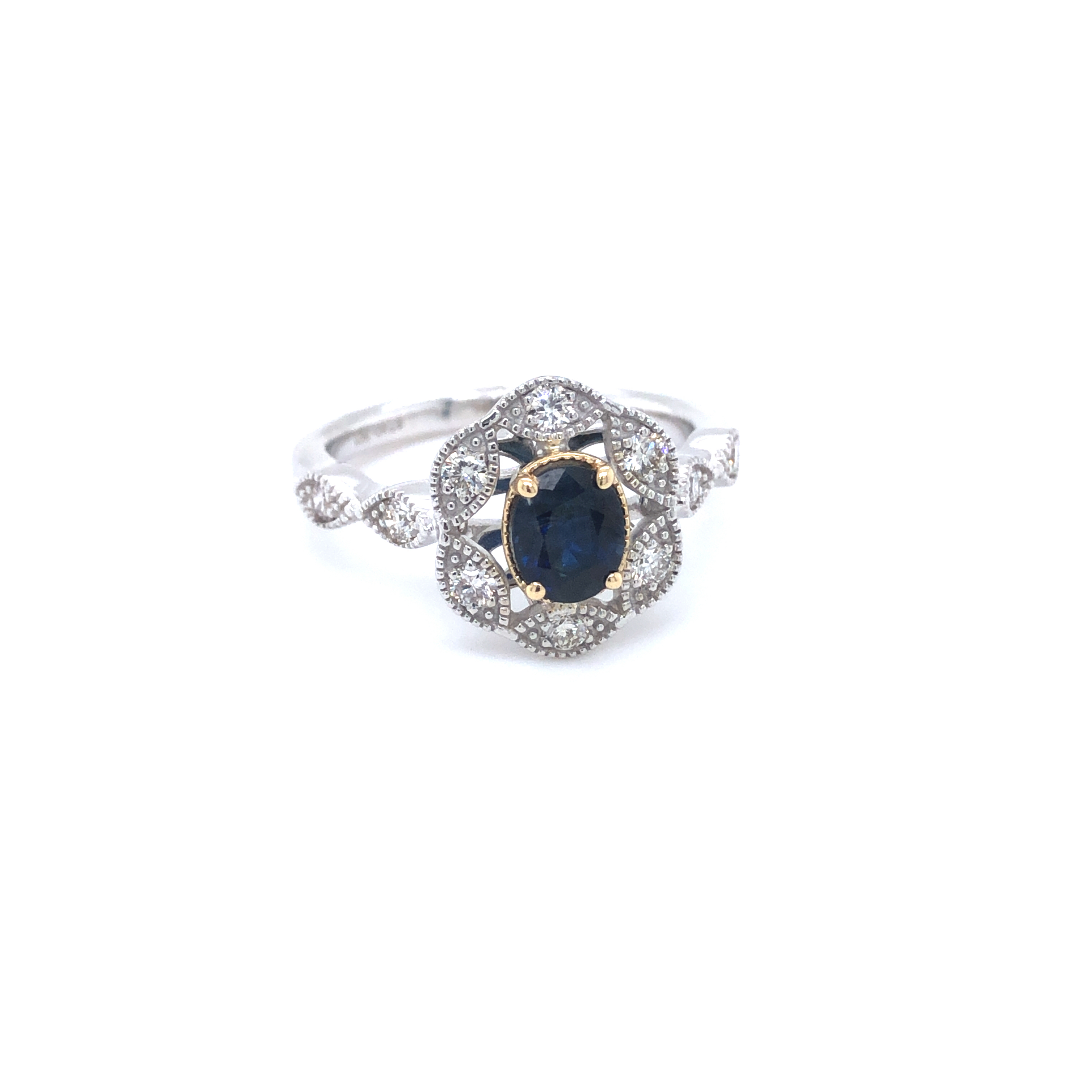 Ladies White & Yellow 14 Karat Milgrain Vintage Fashion Ring Size 7 With One 0.84ct Oval Sapphire And 0.35tw Round Diamonds