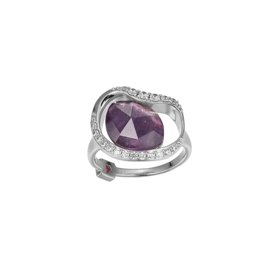 Lady's White 14karat/silver Free Form Fashion With Crystal And Genuine Africa Amethyst Ring Size 7