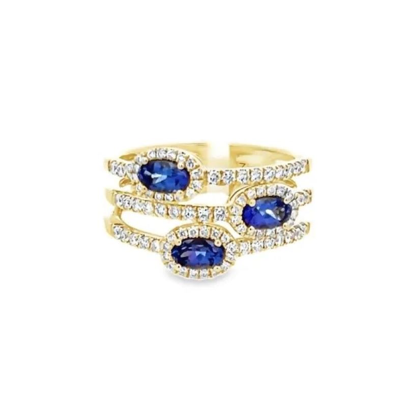 Lady's Yellow 14 Karat Contemporary Fashion Ring Size 6.5 With 3=0.85tw Oval Sapphires And 0.53tw Round Diamonds