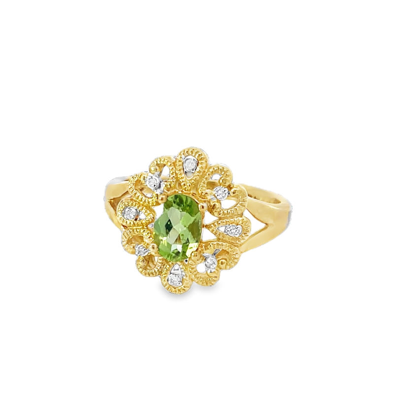 Elegant Peridot And Diamond Vintage Floral Ring