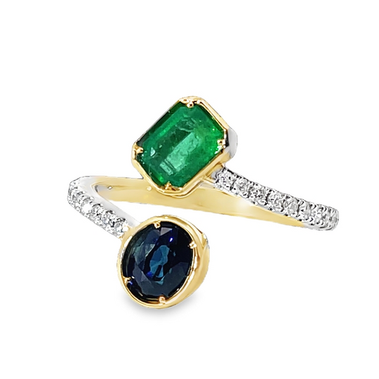 Gold Multistone Ring With Step Cut Emerald Gemstone