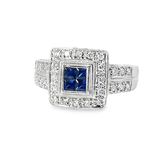 Stunnng Diamond And Sapphire White Gold Ring