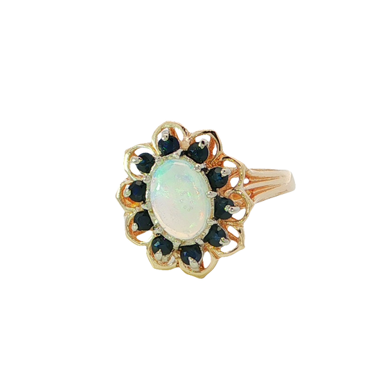 Elegant Yellow Gold Opal And Blue Stone Ring