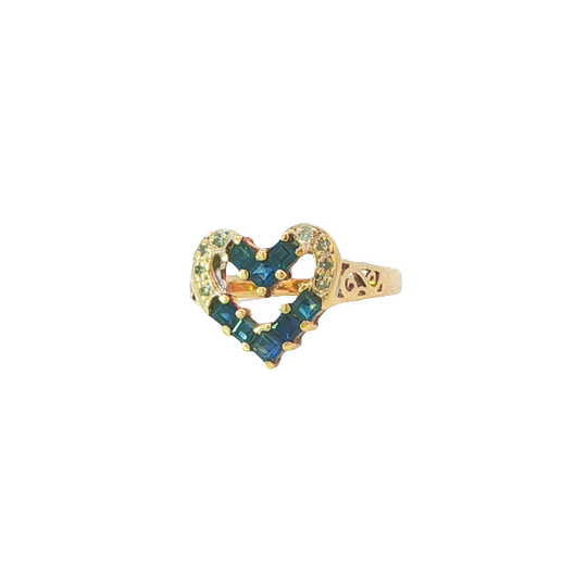 Elegant Yellow Gold Heart Ring With Square Cut Deep Blue Sapphires