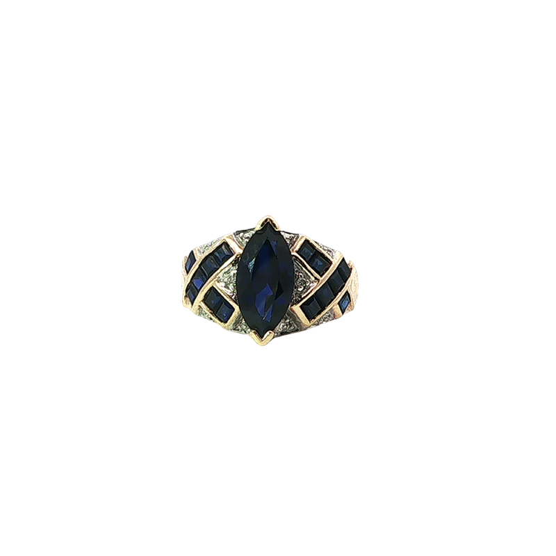 Stunning Marquise Deep Blue Lab Sapphire Geometric Ring In Yellow Gold