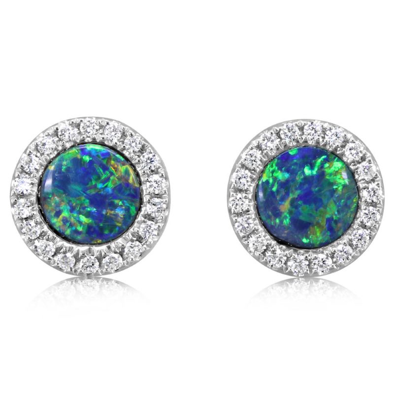 White 14 Karat Opal Doublet Earring With 2=0.82tw Round Opals And 36=0.19tw Round Diamonds