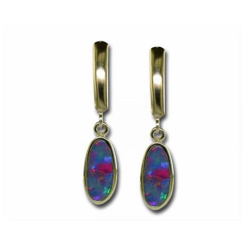 Yellow 14 Karat Drop Earring With 2= Oval Doublet Opals