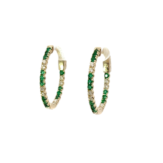 Yellow 14 Karat Small Hoop Earring With 0.39tw Round Diamonds And 0.30tw Round Emeralds