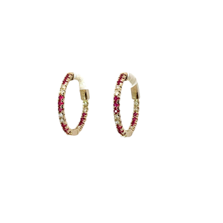 Yellow 14 Karat Medium Hoop Earring With 0.45tw Round Rubys And 0.27tw Round Diamonds