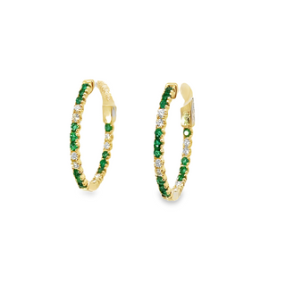 Yellow 14 Karat Medium Hoop Earring With 0.34tw Round Diamonds And 0.58tw Round Emeralds