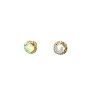 Yellow 14 Karat Stud Earring With 0.16tw Round Diamonds And 0.75tw Round Opals