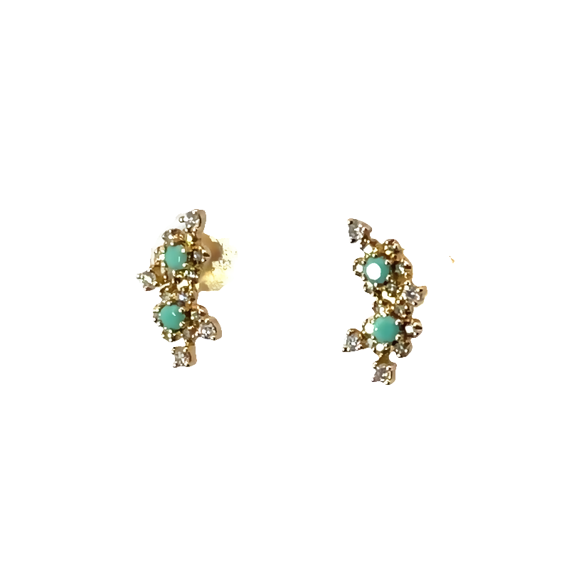 Elegant Yellow Gold Stud Earrings With Bluish Green Turquoise Accents
