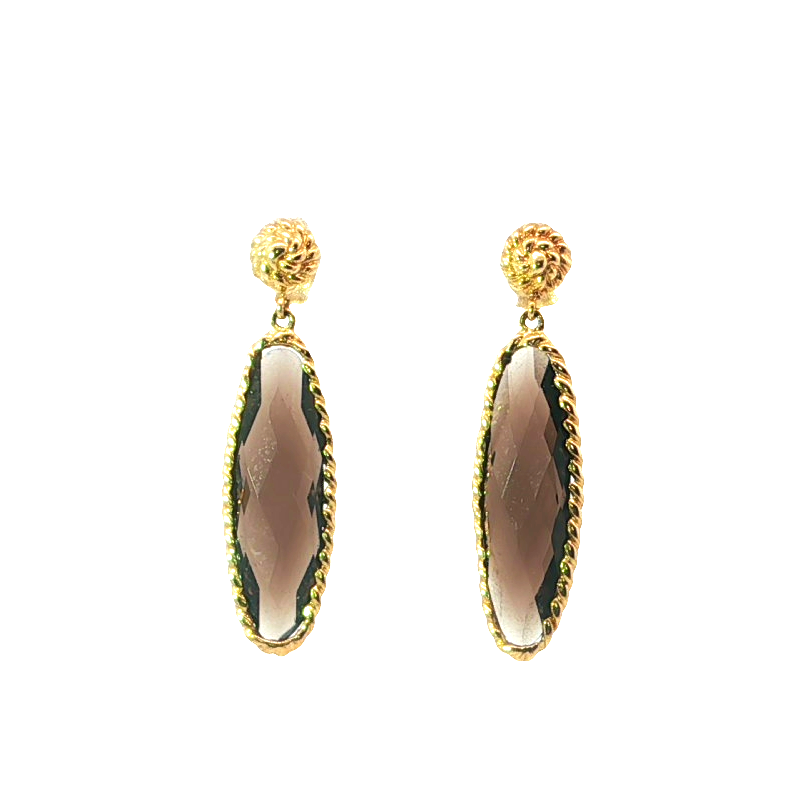 Elegant Yellow Gold Dangle Earrings With Oval Quartz Cabochons