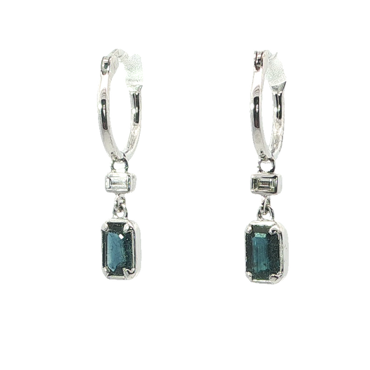 Stunning Emerald Cut Deep Blue Sapphire And Baguette Diamond Earrings