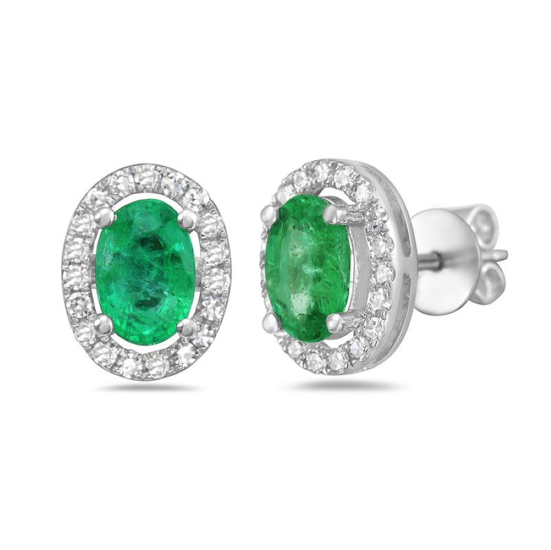 Stunning Oval Emerald Halo Stud Earrings In White Gold