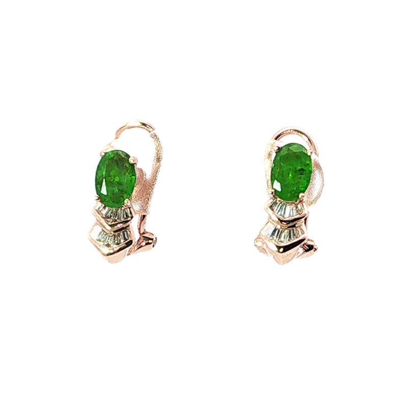 Elegant Yellow Gold Oval Emerald And Baguette Earrings