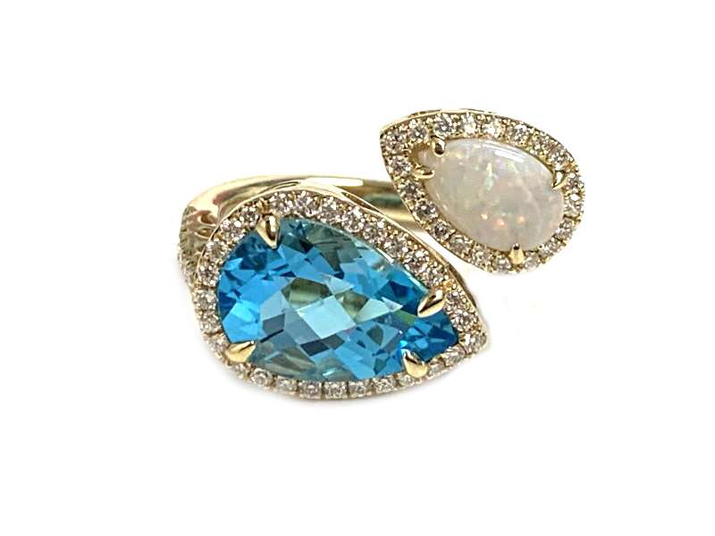 Lady's Yellow 14 Karat Pendants With One 3.25ct Pear Blue Topaz, One 0.51ct Pear Opal And 0.41 Twt Other Stones