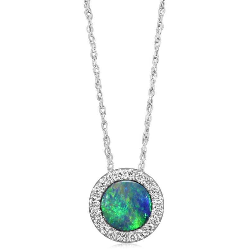 Lady's White 14 Karat Opal Doublet Pendants Length 18 With One 0.50ct Round Opal And 20=0.12tw Round H/i Si2 Diamonds