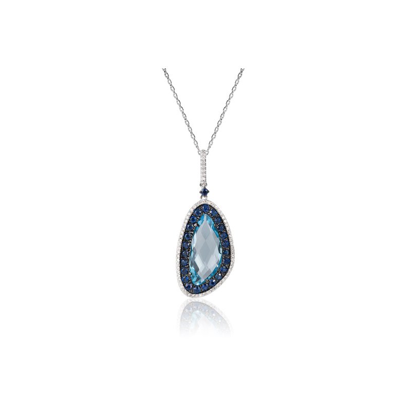 Lady's White 14 Karat Free Form Pendant With 69=0.21tw Round Diamonds, 24=1.12tw Round Sapphires And 6.14 Twt Blue Topaz