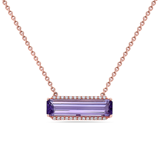 Lady's Yellow 14 Karat Rectangular Pendants With One 3.72ct Emerald Amethyst And 26=0.14tw Round Diamonds