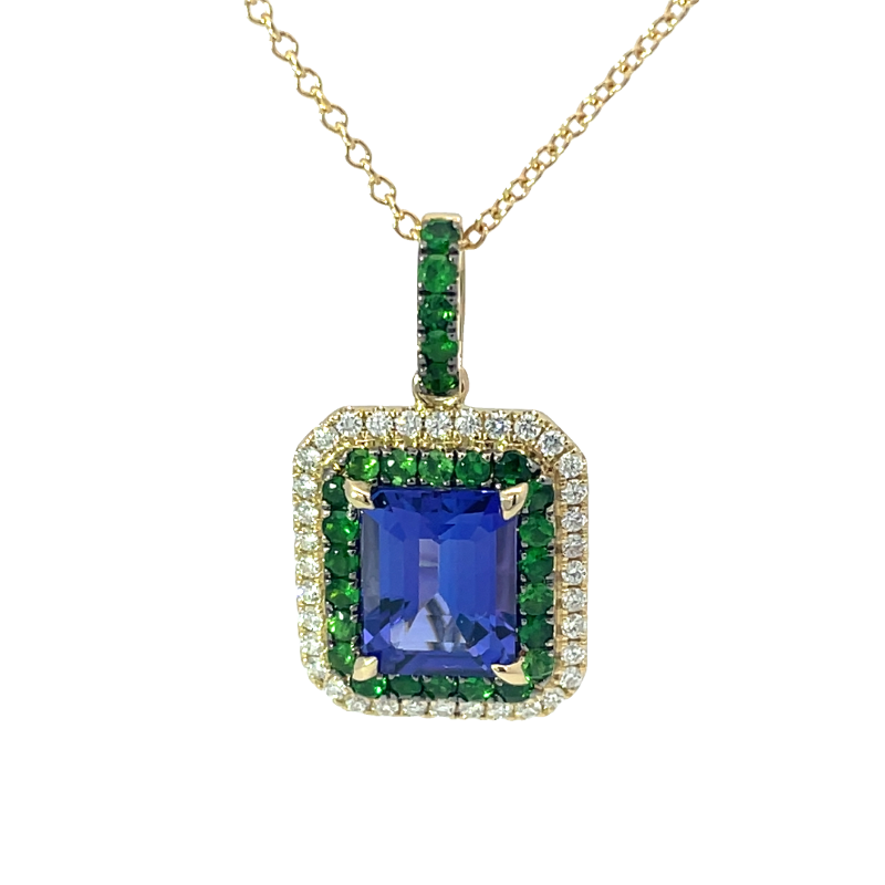 Elegant Tanzanite, Emerald And Diamond Pendant
