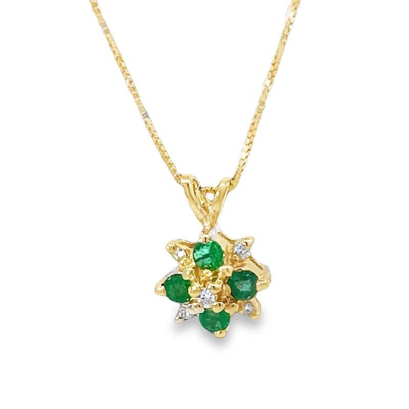 Elegant Emerald And Diamond Floral Yellow Gold Pendant