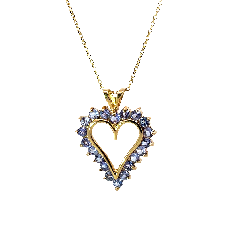 Yellow Gold Charm Necklace With Bluish Purple Tanzanite Heart Pendant