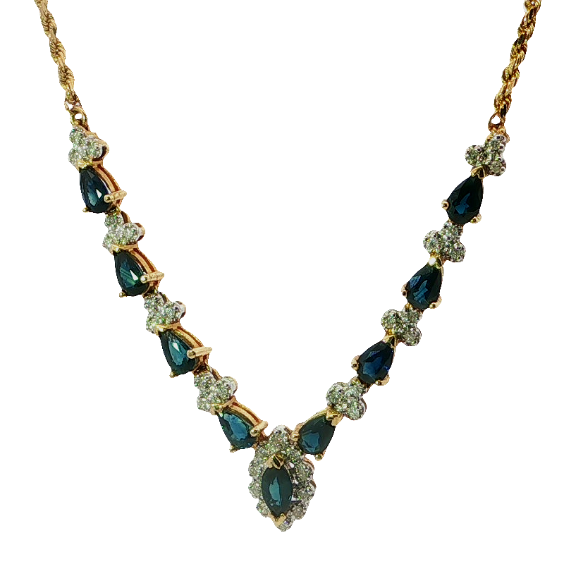 Elegant Yellow Gold Necklace With Deep Blue Sapphires And Diamonds