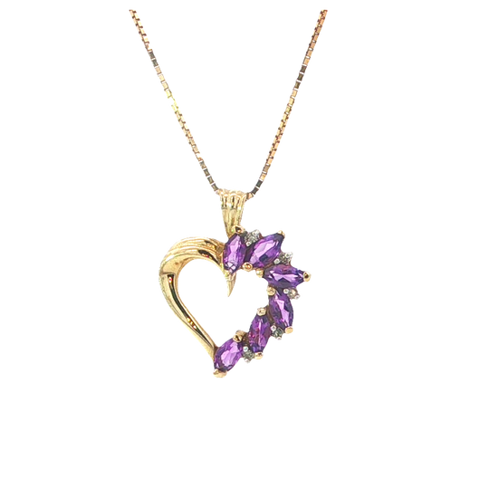 Elegant Yellow Gold Charm Necklace With Marquise Amethyst Heart Pendant