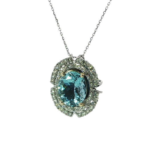 Exquisite Diamond And Oval Blue Aquamarine Solitaire Pendant