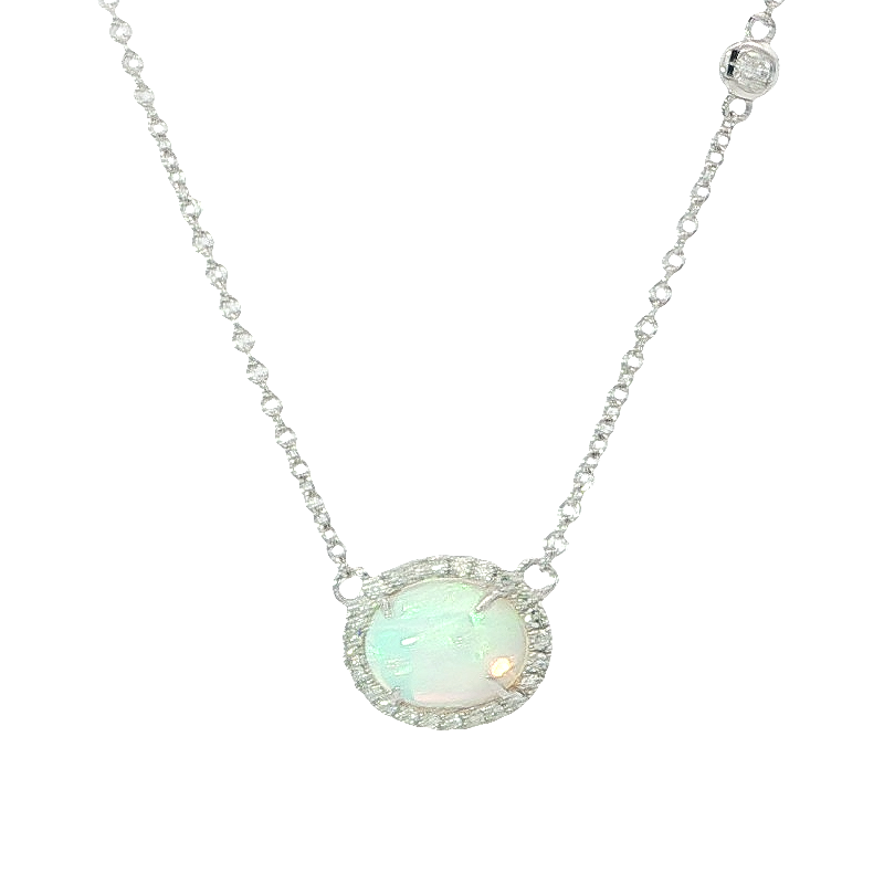 Elegant Oval Opal Cabochon Diamond Halo Necklace