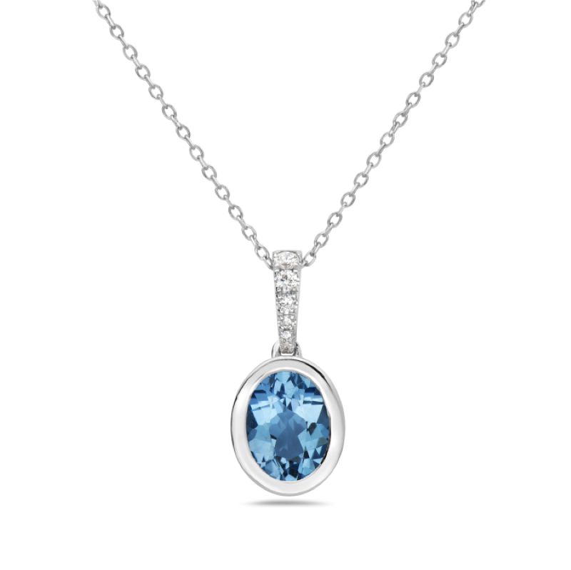 Stunning Oval Blue Topaz Bezel Pendant Necklace In White Gold