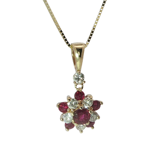 Beautiul Yellow Gold Ruby Floral Cluster Pendant Necklace