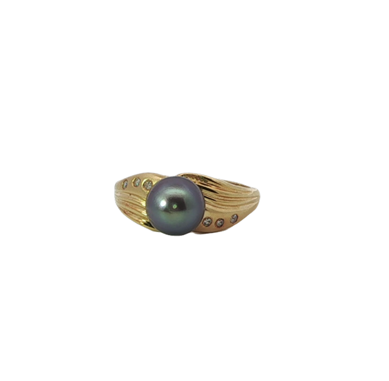 Textured Yellow Gold Dark Pearl Ring