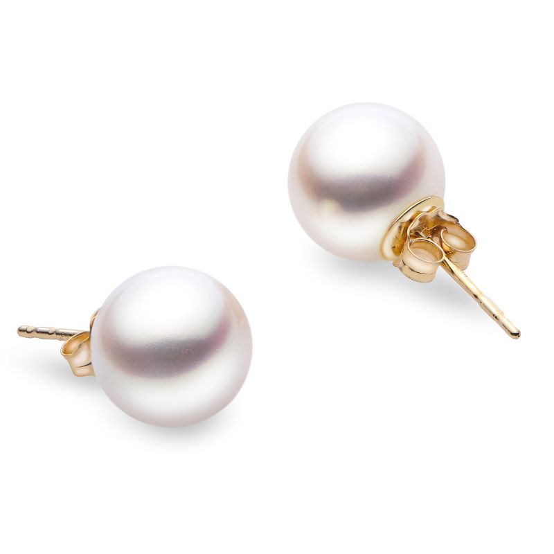 Lady's Yellow 14k High Luster Akoya Pearl Stud Earrings With 2=7.00-7.50mm Round Pearls