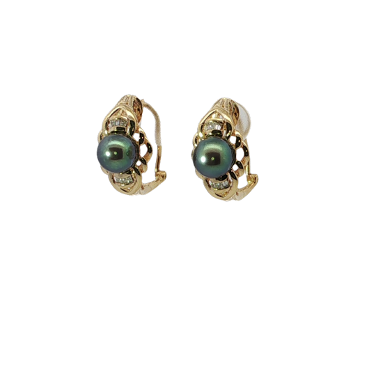 Stunning Yellow Gold Dark Pearl Scroll Earrings