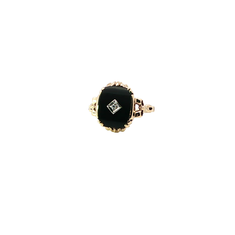 Elegant Yellow Gold Onyx Signet Ring With Diamond Accent