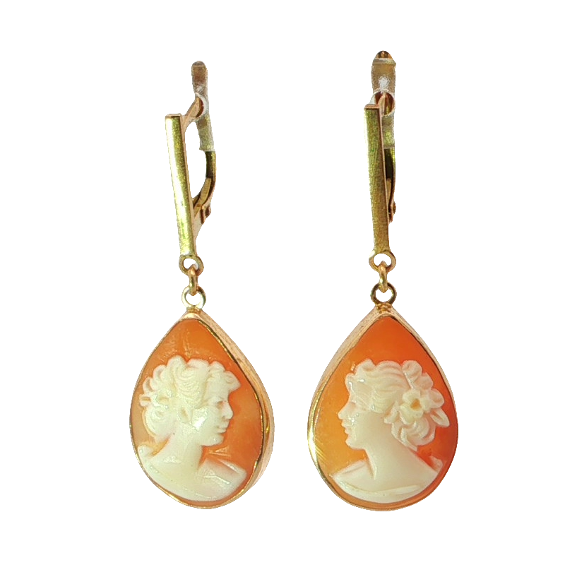 Elegant Yellow Gold Cameo Dangle Earrings