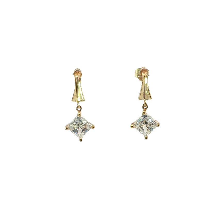 Elegant Yellow Gold Dangle Earrings With Princess Cut Cubic Zironiums