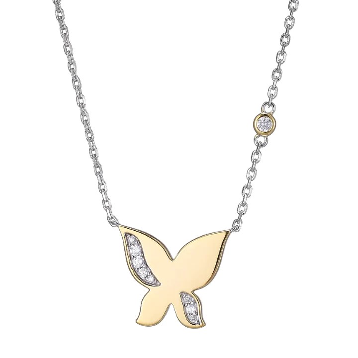 Yellow 10 Karat Butterfly Cz Charm, Chain Length 20 Style: Cable Link
Metal: Sterling Silver
Color: Two-tone
Finish: Diamond Cut