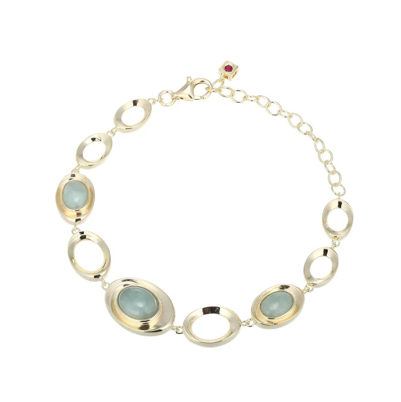 Yellow Sterling Silver Jade Oval Link Bracelet Length 6.25