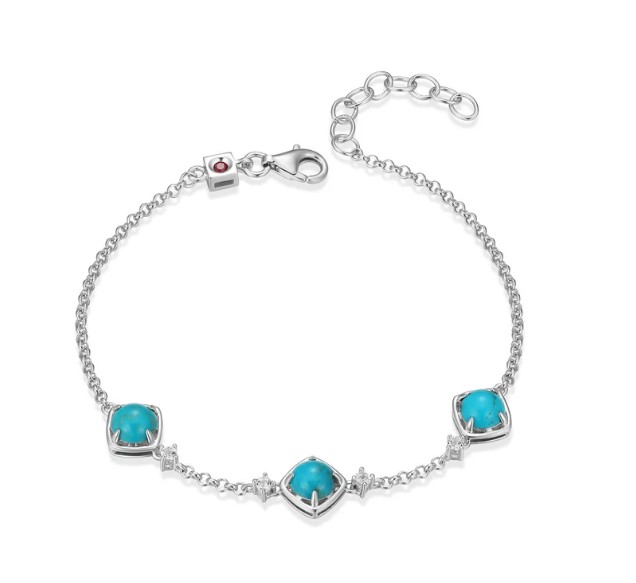 Sterling Silver Rolo Bracelet Length 6.75" + 1" Extension With 2 = Round Turquoises