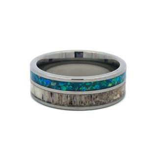 8mm Tungsten Flat High Polish Finish W/3mm Antler Inlay & 2mm Opal Inlay