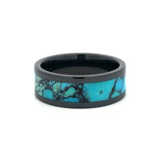 8mm Black Ceramic Flat High Polish Finish W/5mm Pressed Kingman Turquoise (nat) Inlay