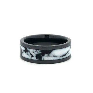 8mm Black Ceramic Flat High Polish Finish W/5mm White Buffalo Turquoise (lg) Inlay