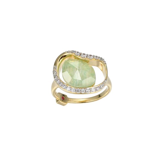 Yellow Rhodium Plated Sterling Silver Fashion Ring With Amazonite Stone And White Crystals Size 7