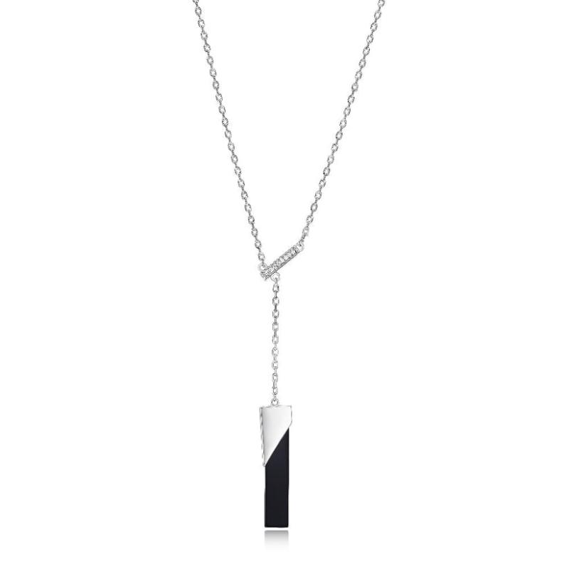 Silver Sterling Silver Drop Black Agate Charm With 17" Diamond Cut Chain With 3" Extension
