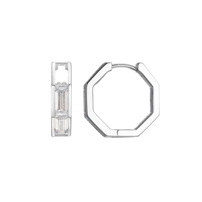 Sterling Silver Hexagon Earrings With Cz Baguettes